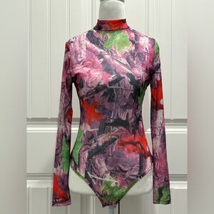 Women's Pink Camouflage Long Sleeve Mesh Bodysuit Size M